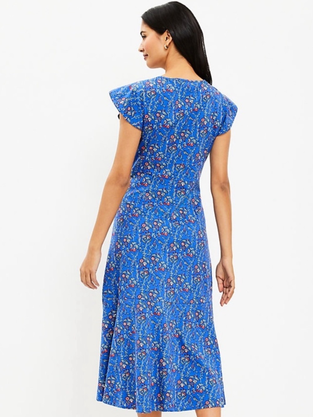 LOFT Blue Floral Button-Front V-Neck Midi Dress - Picture 2 of 9